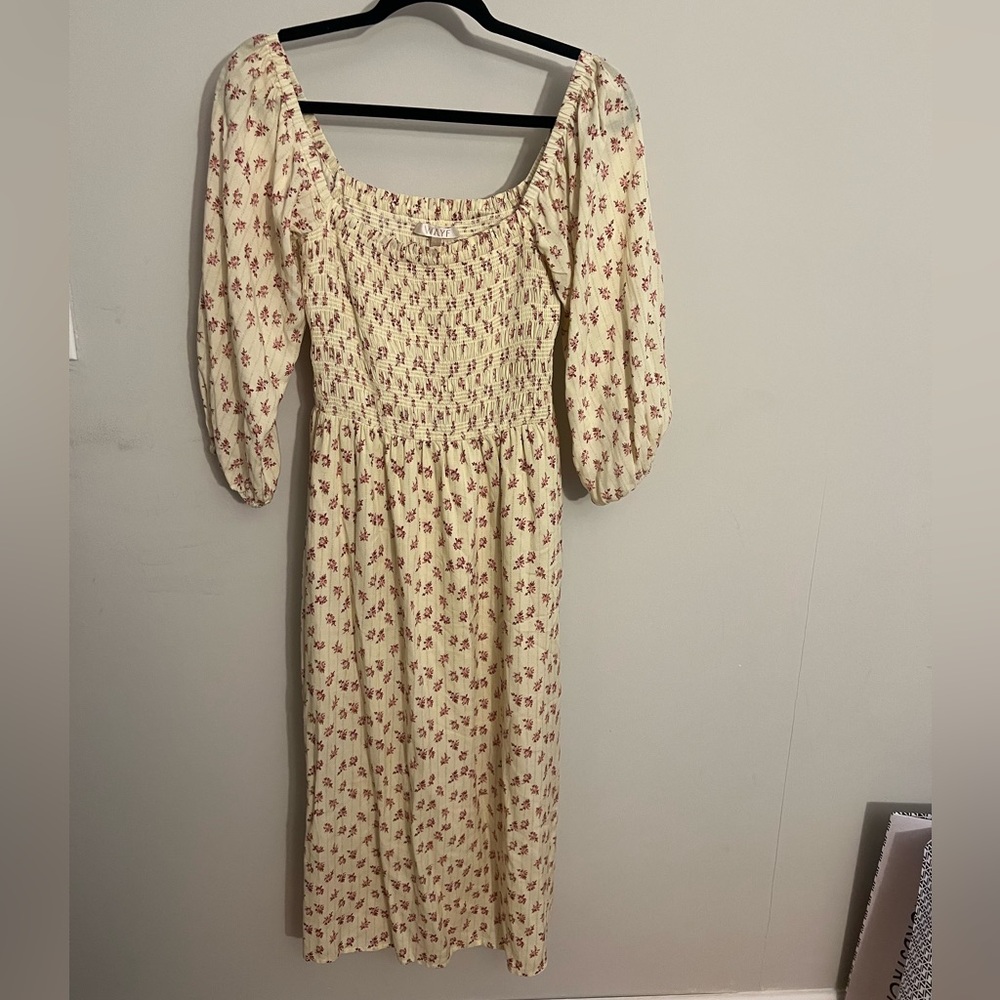 Wayf smocked floral midi dress